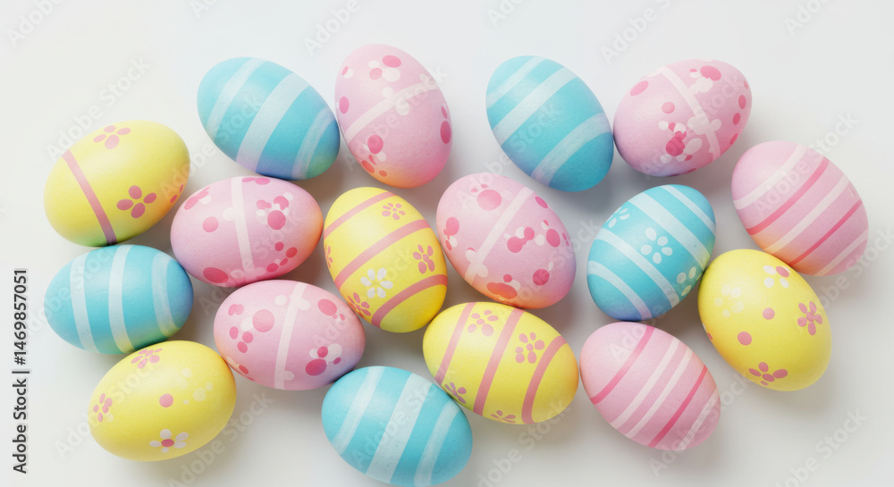 Fototapeta premium Collection of Colorful Easter Eggs with Floral and Stripe Patterns on White Background