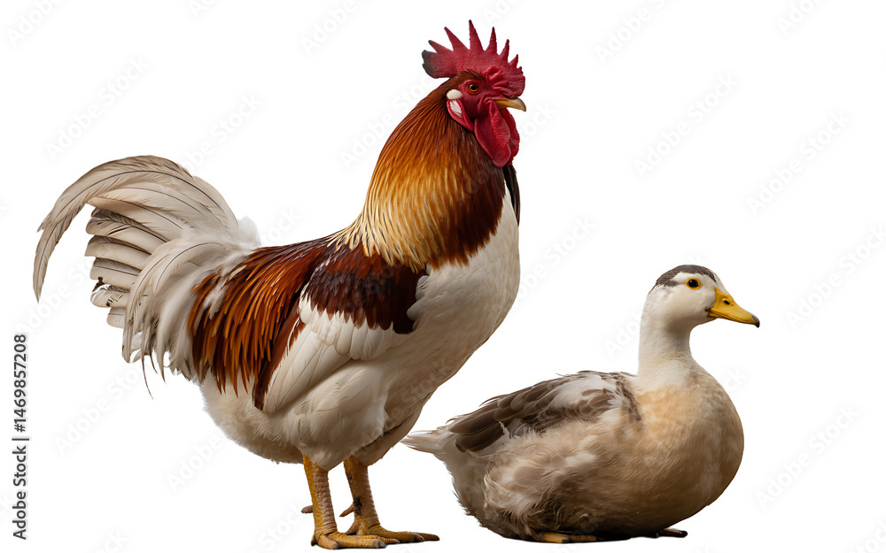 Fototapeta premium A vibrant rooster and a calm duck standing side by side, showcasing their unique feathers and personalities