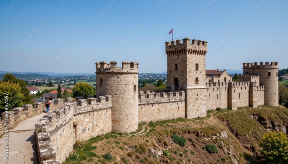 Historic Stone Castle Fortification with Towers Surrounded by Landscape Under Clear Blue Sky Historic Stone Castle Fortification with Towers Surrounded by Landscape Under Clear Blue Sky