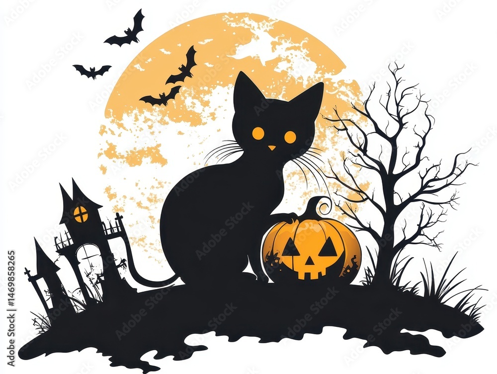 Black Cat and Jack-o'-lantern Silhouetted Against a Halloween Moon Black Cat and Jack-o'-lantern Silhouetted Against a Halloween Moon