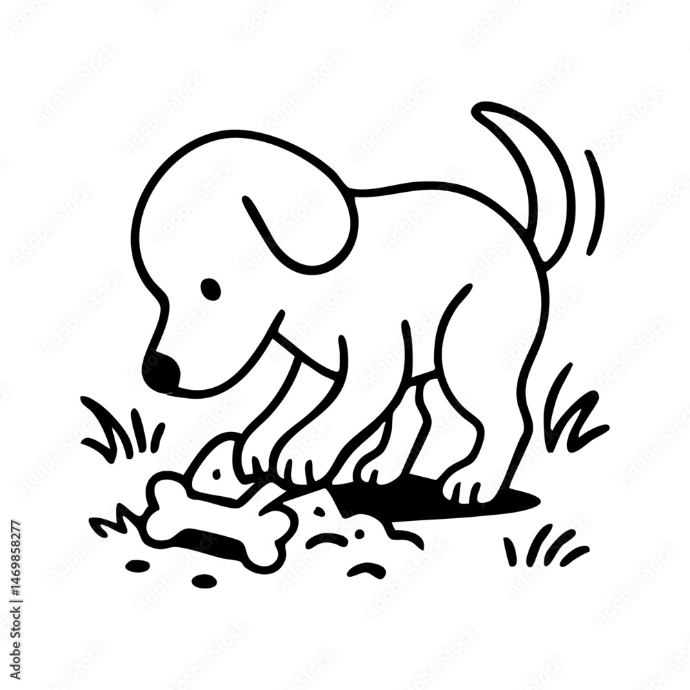 Fototapeta premium A satisfied dog using its nose and paws to hide a bone or treat under a pillow or in the backyard, glancing around sneakily