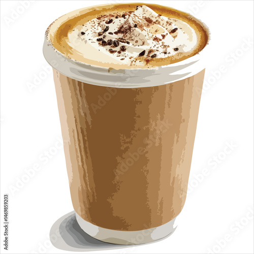 Vector Illustration Of A Coffee Cup With Cream And Chocolate On White Background
