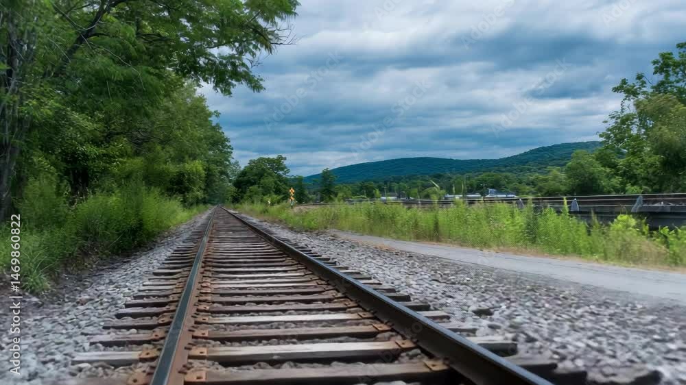 Railway tracks stretching towards forested hills beneath dramatic cloudy sky in a rural landscape conveying a sense of travel and distance Railway tracks stretching towards forested hills beneath dramatic cloudy sky in a rural landscape conveying a sense of travel and distance
