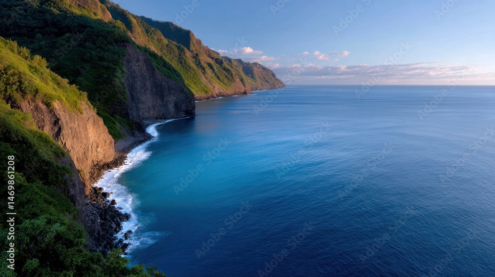 Dramatic coastal cliffs with lush green vegetation towering over a deep blue ocean at golden hour Dramatic coastal cliffs with lush green vegetation towering over a deep blue ocean at golden hour