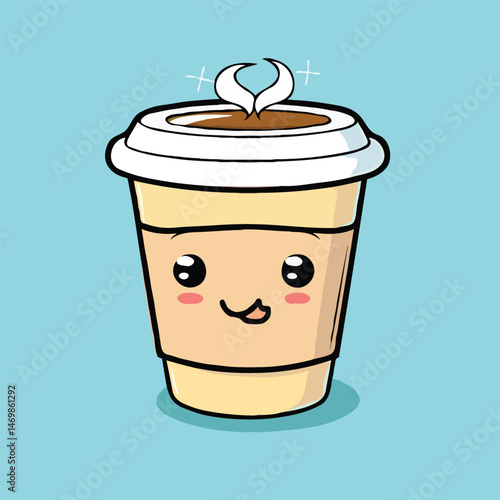 Cute Cartoon Coffee Cup Character Illustration With Smile On A Blue Background