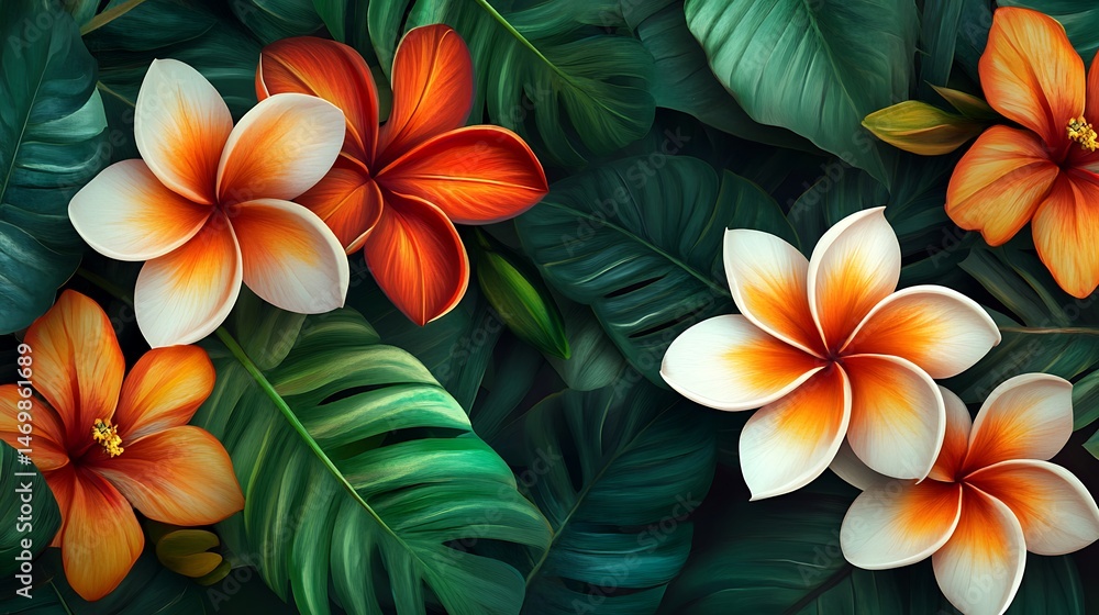 Obraz premium Tropical Flowers with Lush Leaves, and Background.