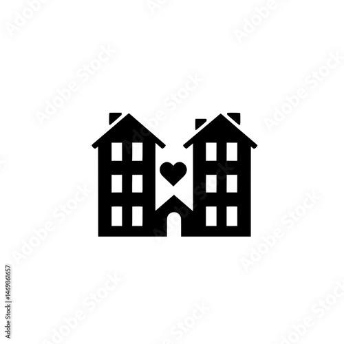 Black and white building icon with heart window representing community, neighborhood, or housing love