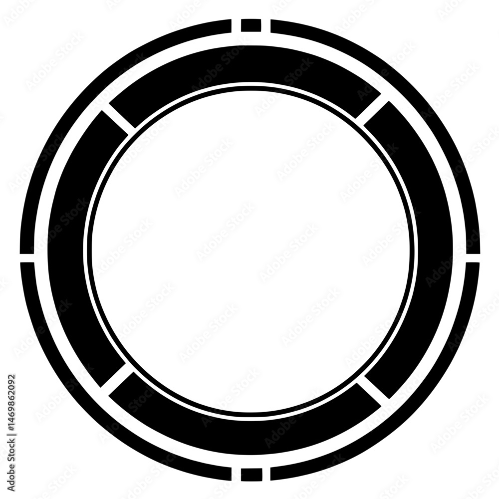 High-contrast circular interface frame with concentric lines and sci-fi inspired border design High-contrast circular interface frame with concentric lines and sci-fi inspired border design
