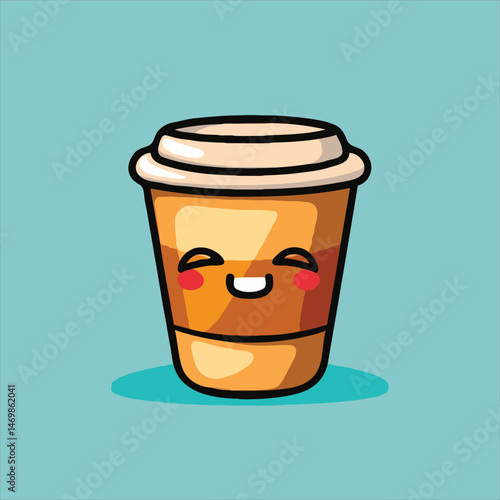 Cartoon Coffee Cup Illustration With A Happy Face On A Blue Background