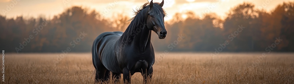 Obraz premium Majestic Gray Horse in Autumn Field at Sunset