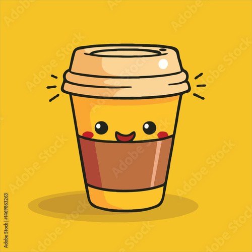 Cheerful Coffee Cup Cartoon Character Vector Graphic On A Yellow Background