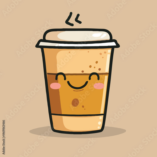 Cute Cartoon Style Coffee Cup Character With Smile And Steaming Icon