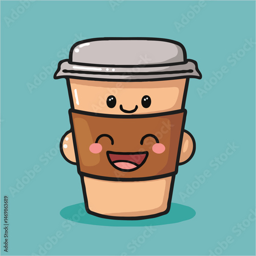 Cute Coffee Cup Character With Smiling Face Isolated On Teal Background Illustration
