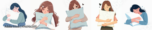 a woman hugging a pillow happily style vector flat design