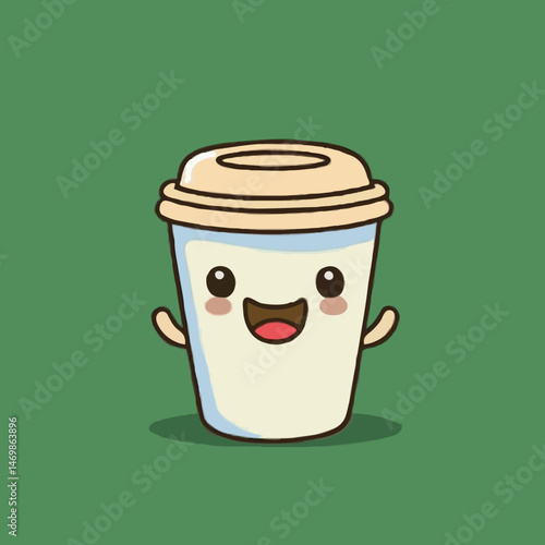 Happy Coffee Cup Cartoon Character Illustration On Green Background