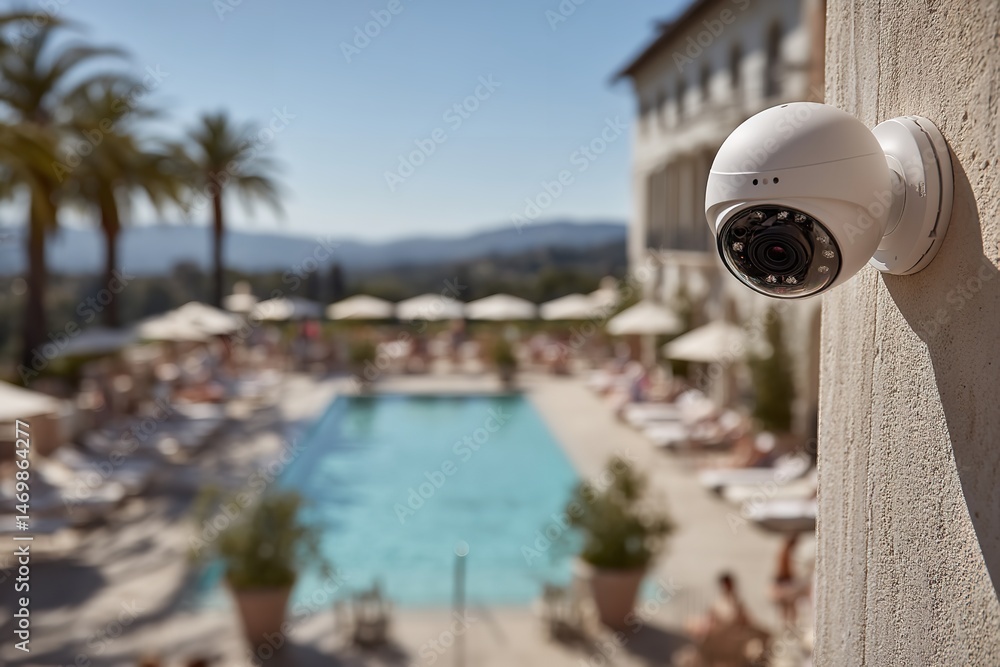 Fototapeta premium Smart home security camera mounted on outdoor pool wall, panoramic view of luxury architecture