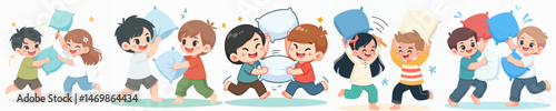 happy little boy and girl having pillow fight style vector flat design