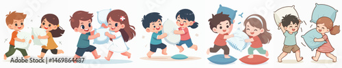 happy little boy and girl having pillow fight style vector flat design