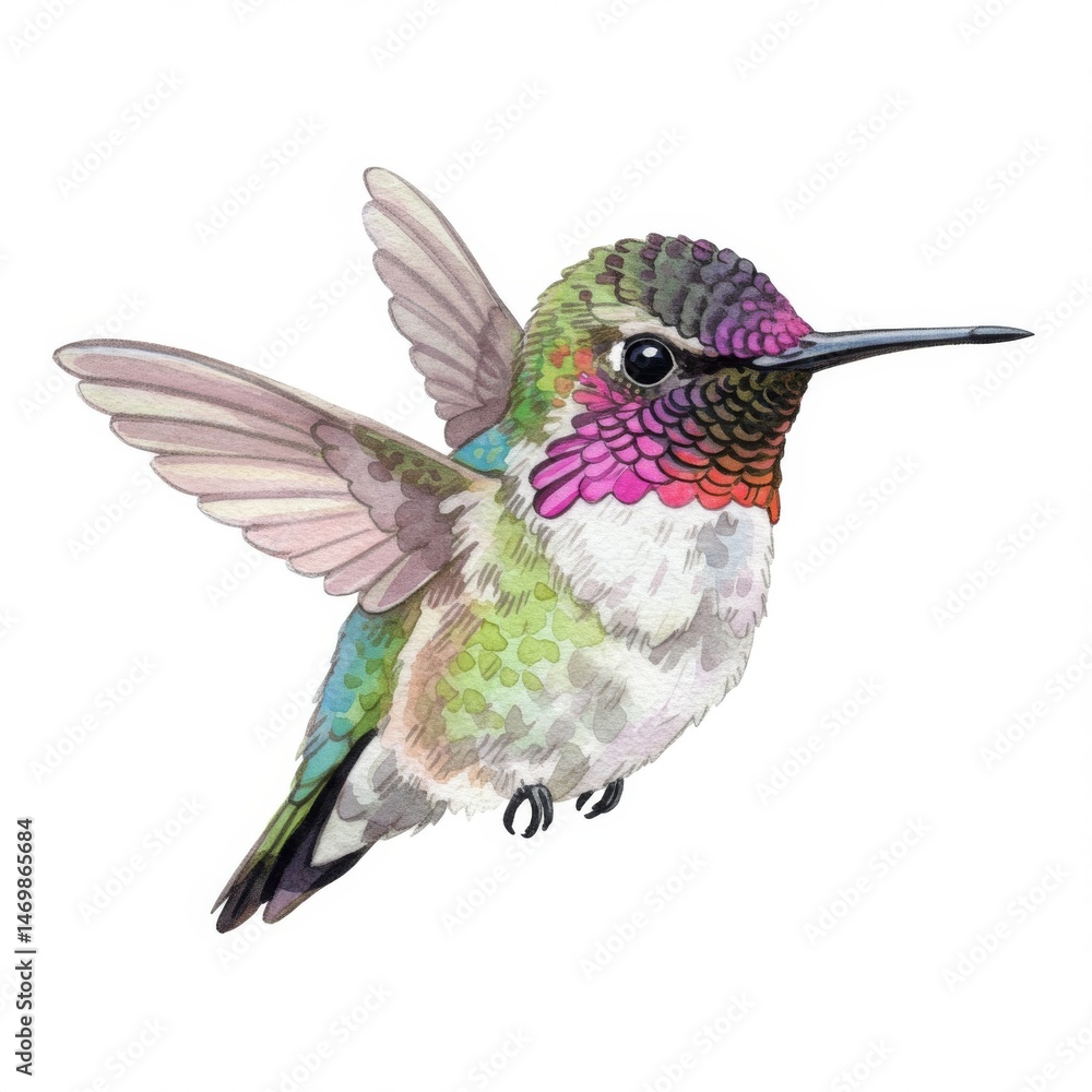 Fototapeta premium Vibrant Hummingbird in Flight Watercolor Illustration