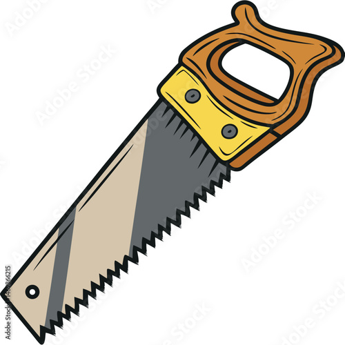 A cartoon illustration of a hand saw with a wooden handle and a metal blade design