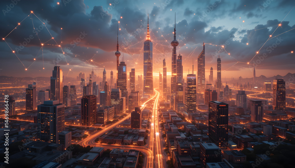 Futuristic Skyline in Digital Sunset Futuristic Skyline in Digital Sunset