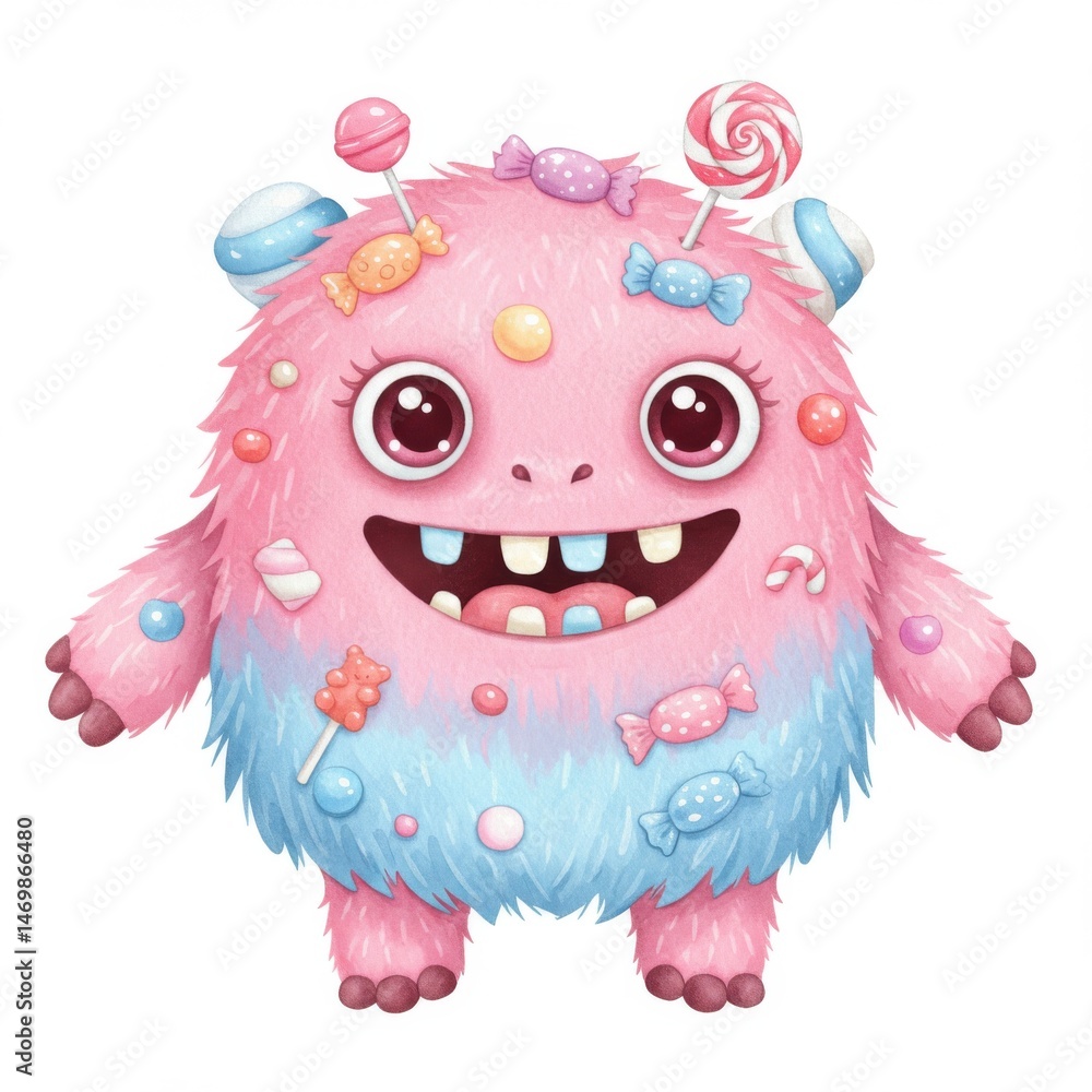 Fototapeta premium Cute Pink And Blue Fluffy Candy Monster Illustration