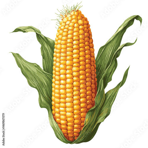 Ripe Corn On The Cob Vector Illustration With Green Husk Isolated On White Background For Food Design
