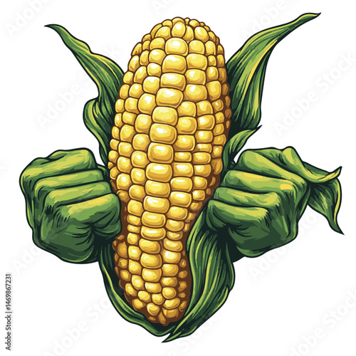 Comic Book Style Corn On The Cob With Green Husks Held By Cartoon Hands Vector Illustration