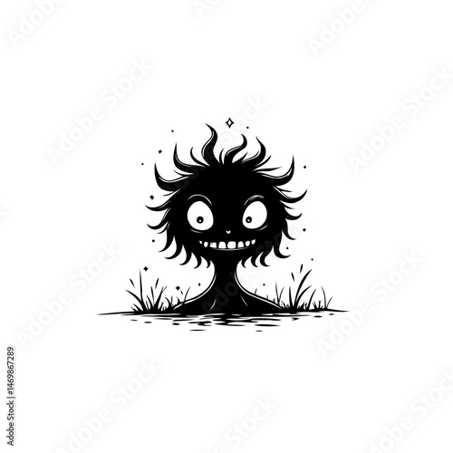 Whimsical Silhouette: Eerie Grin in a Black and White Dreamscape Illustration