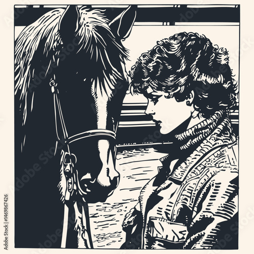 Vector illustration: Young woman with short curly hair affectionately looks at her horse in a stable. Retro linocut/engraving graphic style. Monochrome.