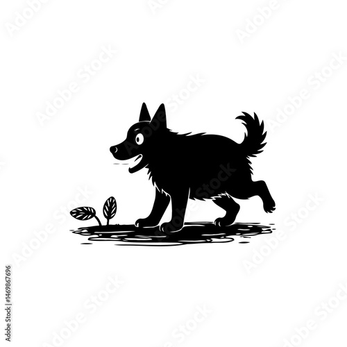 Playful canine silhouette frolicking near sprouting flora in monochrome setting