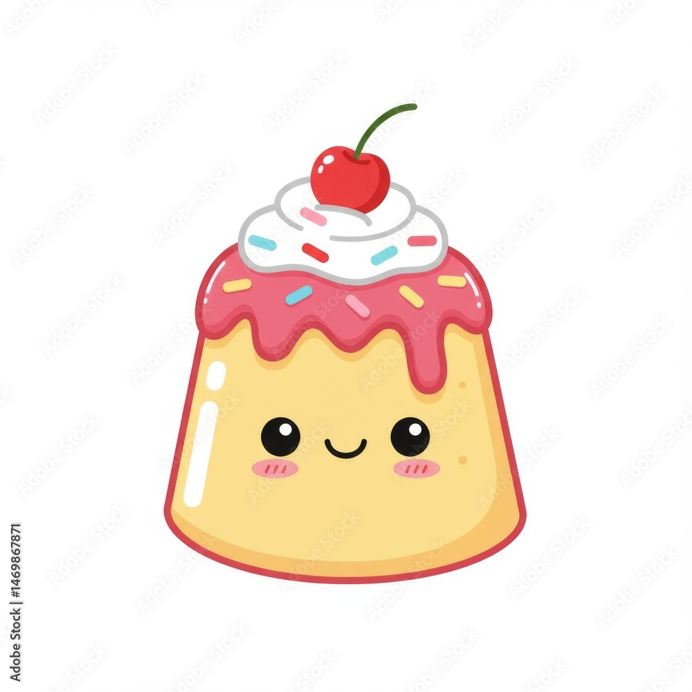 Cute Cartoon Pudding with Cherry and Sprinkles Cute Cartoon Pudding with Cherry and Sprinkles
