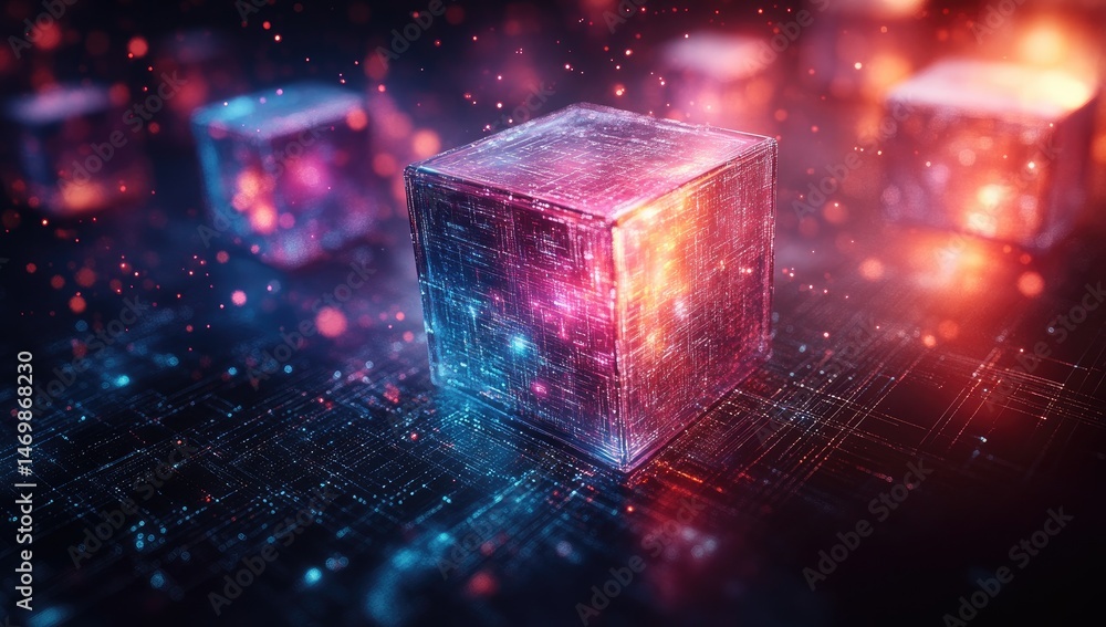 Futurist cubes on circuit board. Energetic glowing cubes of various colors hover on a detailed circuit board, illuminated by radiant light Futurist cubes on circuit board. Energetic glowing cubes of various colors hover on a detailed circuit board, illuminated by radiant light