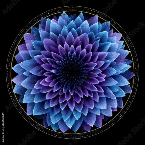 Abstract Blue and Purple Floral Mandala with Golden Accents Against Black Backdrop, Artistic Digital Art Creation