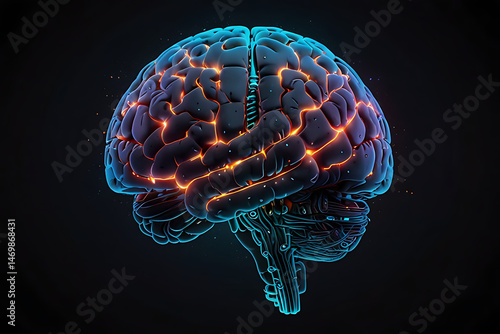 3D medical illustration of a human brain x-ray scan highlighting intelligence and neurology.