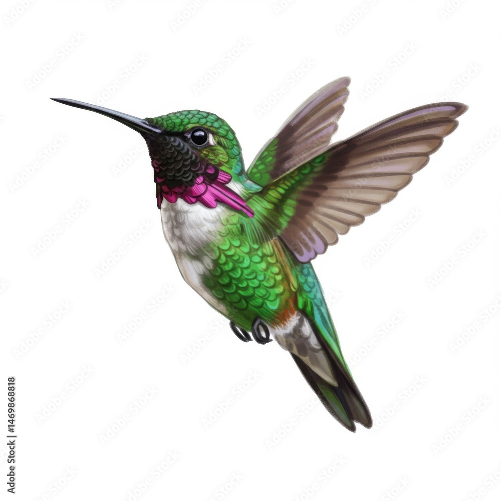 Fototapeta premium Green and Pink Hummingbird in Flight Against White Background