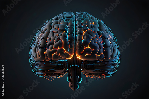 3D medical illustration of a human brain x-ray scan highlighting intelligence and neurology.