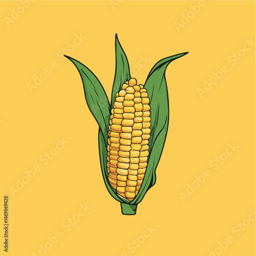 Fresh Corn Cob Isolated Illustration On Yellow Background,Depicting Healthy Maize,Agriculture,And Cartoon Style