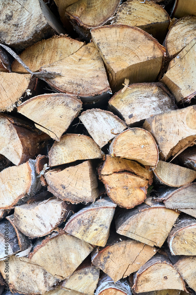 Fototapeta premium Stack of birch firewood with hand chopping block. Chopped firewood for winter. Lot of firewood - harvesting wood for heating the house. Horizontal photo. Chopped firewood background and texture.
