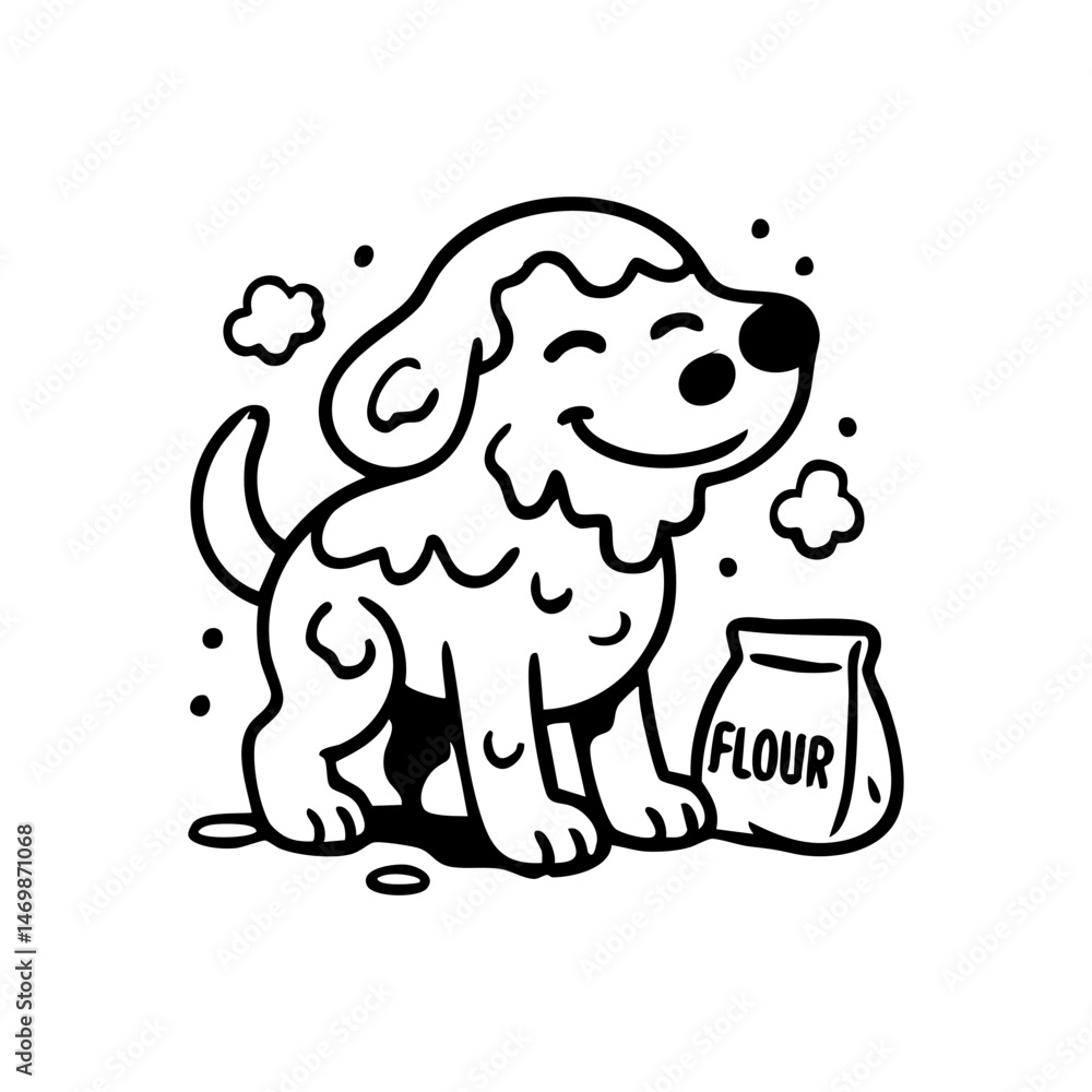 Fototapeta premium A dog in a kitchen mess, nose and paws dusty with flour, water smiling proudly.