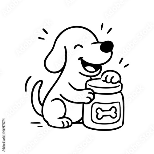 A dog pawing or biting at a closed treat jar, drawn with exaggerated determination.