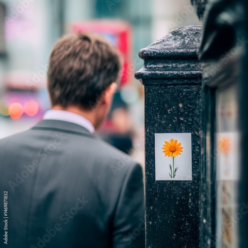 Urban Serenity: A Moment of Reflection with a Flower Sticker in the City, Contemplation on a Street Corner.
