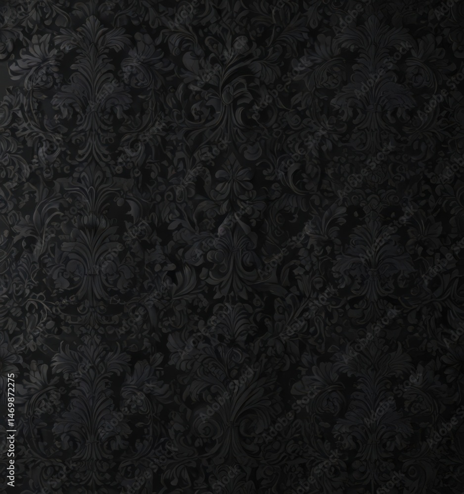Seamless black wallpaper, intricate gothic floral damask pattern , texture, antique, floral design Seamless black wallpaper, intricate gothic floral damask pattern , texture, antique, floral design