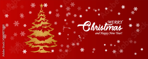 Merry christmas and happy new year greeting red background. golden xmas pine tree and decorative holiday elements. vector illustration