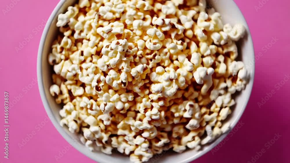 Popcorn overflowing from bowl on vibrant pink background in dynamic sequence Popcorn overflowing from bowl on vibrant pink background in dynamic sequence