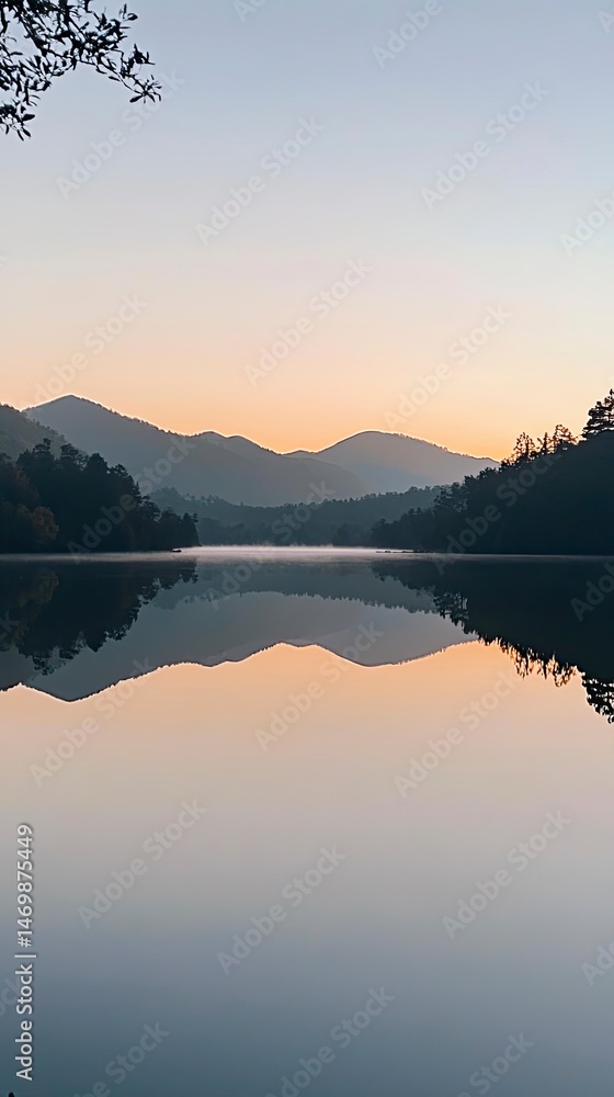 Obraz premium Serene lake with mountains in the background. The sky is a mix of orange and blue hues