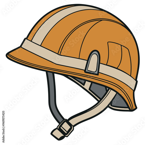 Illustration of an orange hard hat with stripes and a light beige chin strap visible