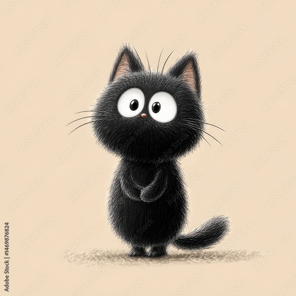 Obraz premium Cute, fluffy, black cat illustration against a pastel background.