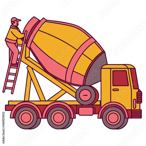 A cartoon cement truck with a worker climbing a ladder on a white background art