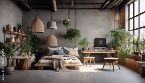 Ein urbanes Studio mit Layern aus Textilien, Betonoptik, Pflanzen und skandinavischer Deko.